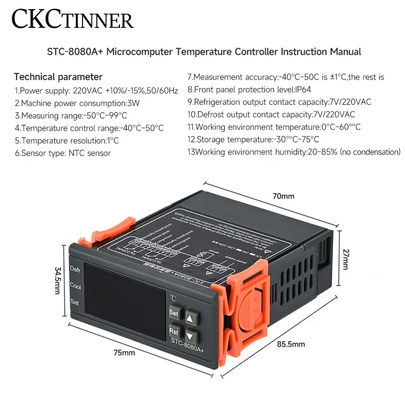 STC-8080A+ LED Digital Thermostat Temperature Controller Thermoregulator Relay Heating Cooling for Incubator AC 110-220V NTC