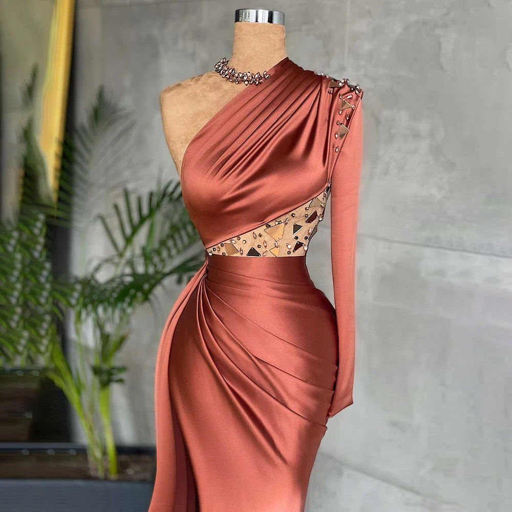 New Arrival Long Prom Dresses Beaded Crytal One Shoulder Women Formal Evening Gowns for Birthday Party 2022