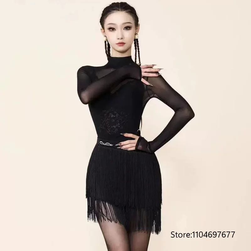 Customized Mesh Long Sleeved Lace with Latin Dance Suit Women's Adult Practice Outfit Precisely Tango Samba Competition Skirt