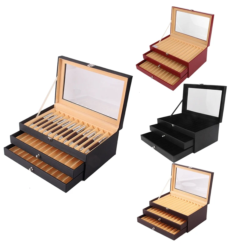 

36 Slots Wooden Pen Display Storage Box Luxury 3 Layer PU Pen Case Glass Window Fountain Case Pen-Collection Organizer