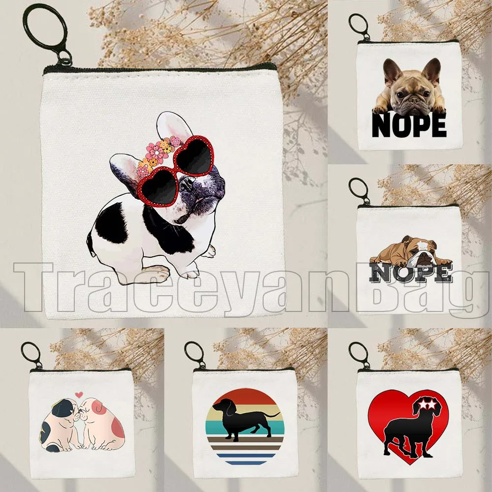 

Funny Dachshund Dog Cute Heart English Bulldog Nope French Bulldog Gift Canvas Coin Purse Small Square Key Card Bag Wallet Pouch