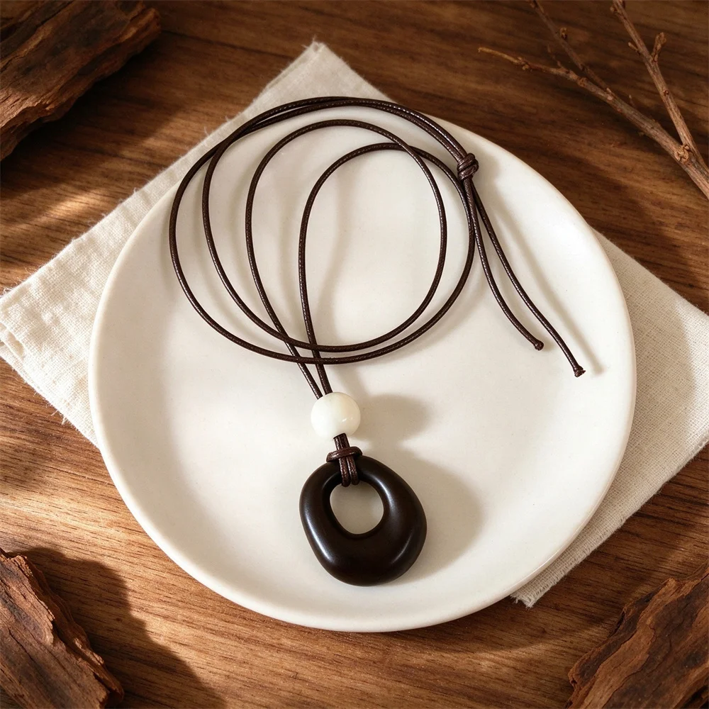 Irregular Hollow Circular Resin Pendant Necklace Adjustable Length Wooden Circular Geometric Pendant Necklace Leather Rope