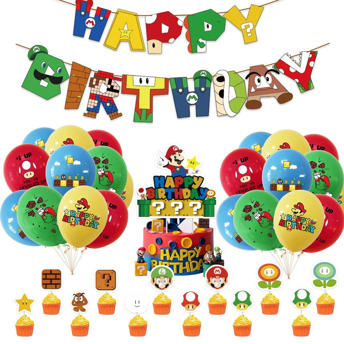 Fournitures de fête à thème dessin animé Super Mario Bros Out, bannières d'anniversaire pour enfants, décorations de gâteau, ballons, ensembles de décoration de fête