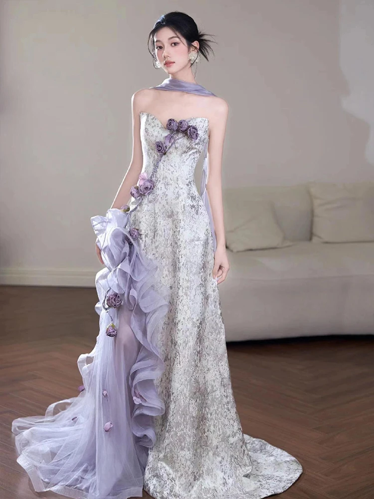 

Ele Purple Strapl Evening Gown Women's Luxury Sensation Super Fairy T Wedding Dr Fi Tail Skirt No Sve Long ...