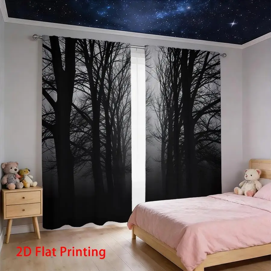 Abstract Black Tree Silhouette Curtains Drapes Gothic Window Privacy Room Decor Modern Fall Winter Design