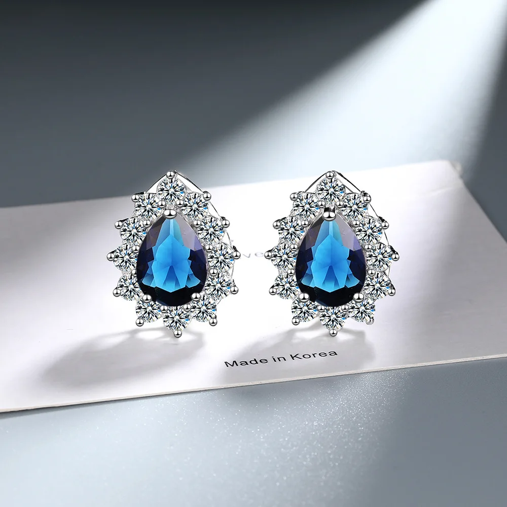 3.3ct Pear Cut Created Blue Sapphire 925 Sterling Silver Waterdrop Stud Earring for Women Statement Gemstone Jewelry Oorbellen