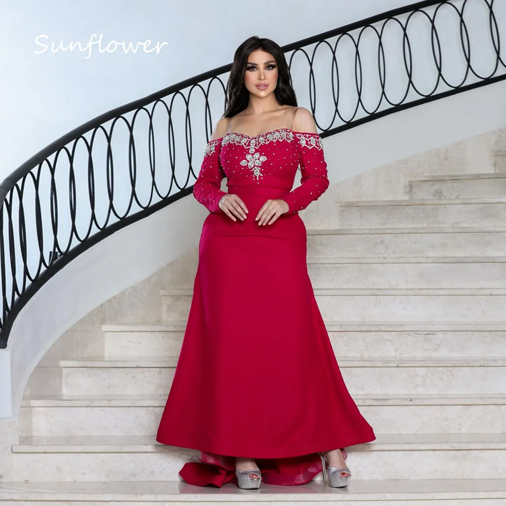 

Sunflower Customized Red Crepe Evening Dress Beadings Off Shoulder Long Sleeves A-Line Ankle-Length Formal Occasion Dress