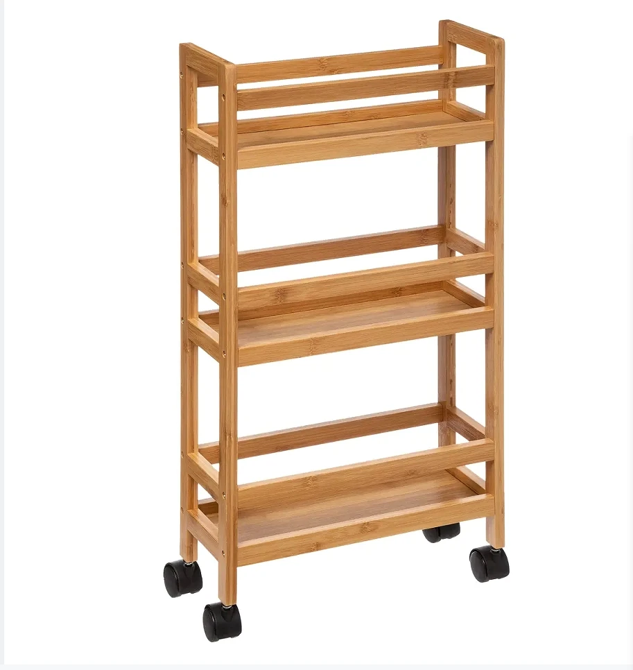 

Storage Cart Shelf Removable 3-Tier Bamboo Trolley Storage Organizer Carts Rack with 3 Storage Baskets and Wheels for Kitchen