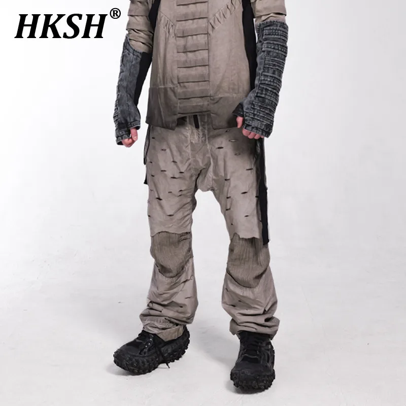 HKSH Autumn New Men's Punk Tide Waste Soil Mud Dyeing Hollow Hole Broken Crotch Splicing Cotton Ninja Cargo Pants Women's HK3351