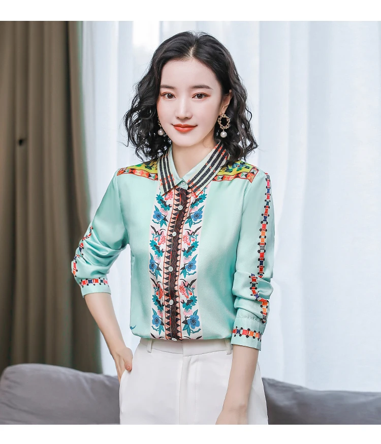 FANIECES Vintage Print Satin Women Shirt Fall Long Sleeve Lapel Button-up Blouses Elegant Tops Office Lady camicie e camicette