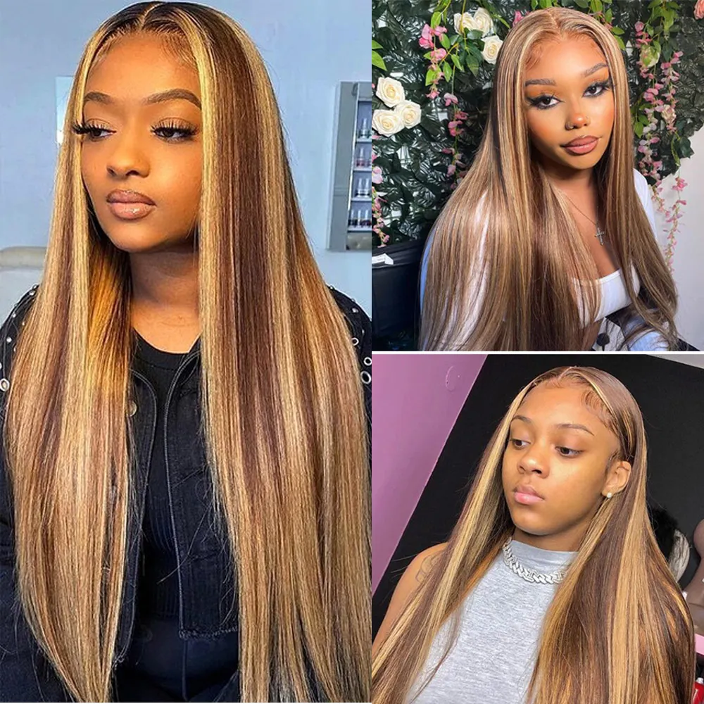 Ombre Honey Blonde Highlight Wigs 13x6 HD Lace Frontal Bone Straight Remy Human Hair Wig Brazilian 4x4 Lace Closure Colored Human Hair Wig