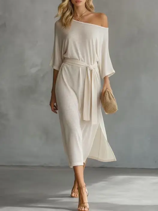

Women's Elegant Solid Off-Shoulder Dress, Summer Casual Waist Tie Split Hem Long Dress