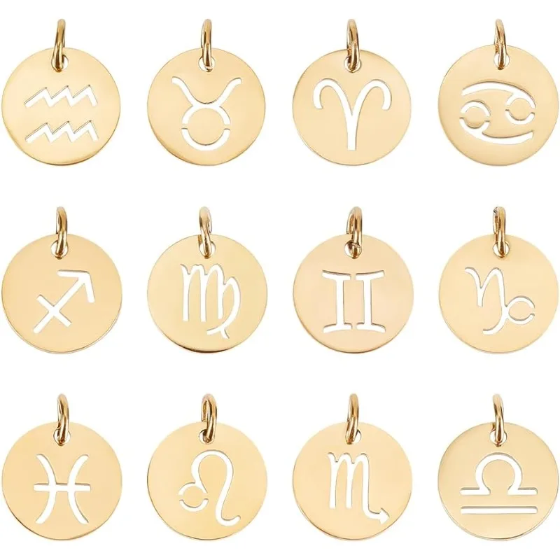 12pcs Stainless Steel 12 Constellations Charm Zodiac Sign Pendants Charms Golden 3mm Hole Flat Round with Constellation Pendant