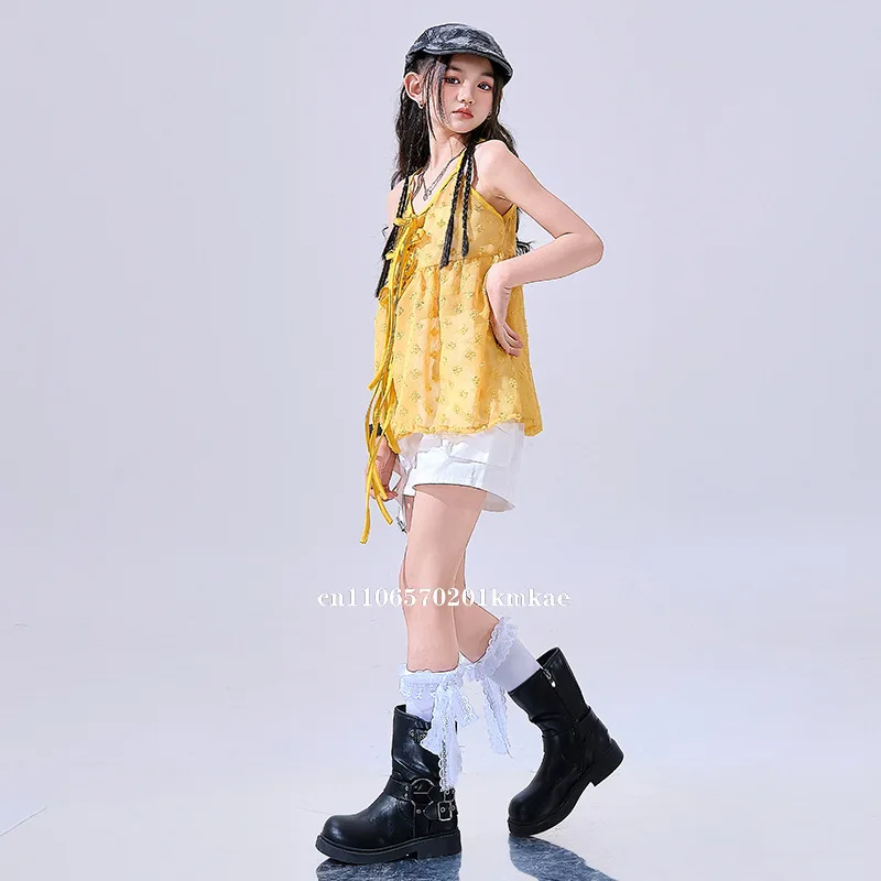 New Kids Jazz Dance Costume Girls Kpop Performance Stage Wear Yellow Sling Top White Shorts Children Trendy Suit Streetwear