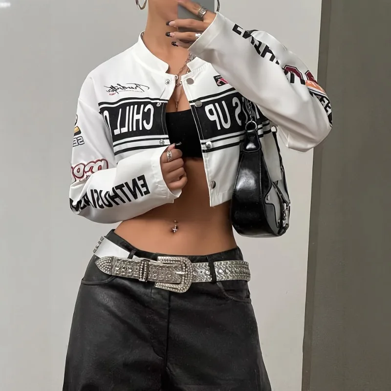 New Women Retro Removable Cardigan Long Sleeve O-Neck Jackets YK2 Patterned Print Casual Motorcycle Baseball Jacket Racing Coat