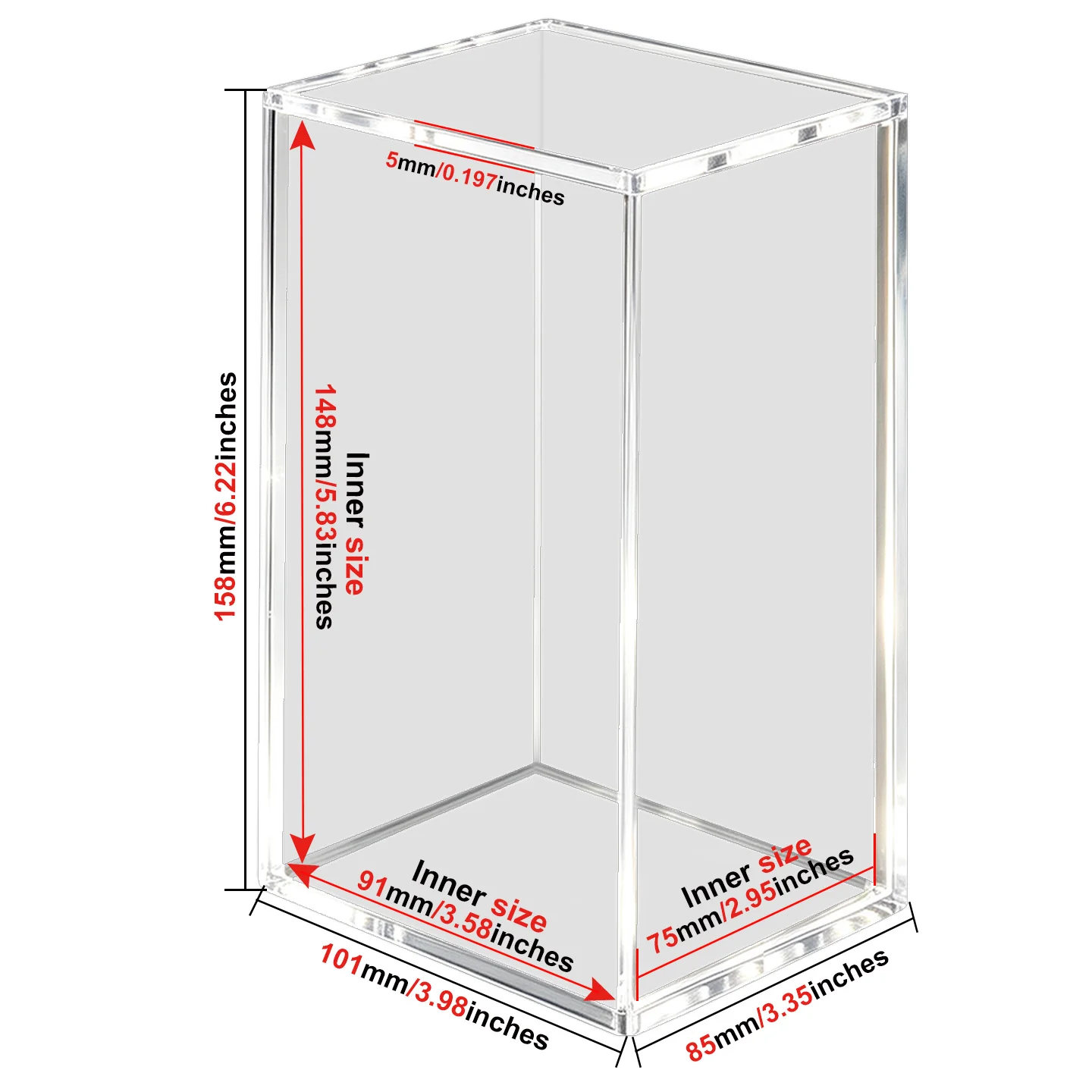 5mm Thick Acrylic Card Storage Box 75x91x148mm, High Clear UV Protection N52 Strong Magnet Collectible Case