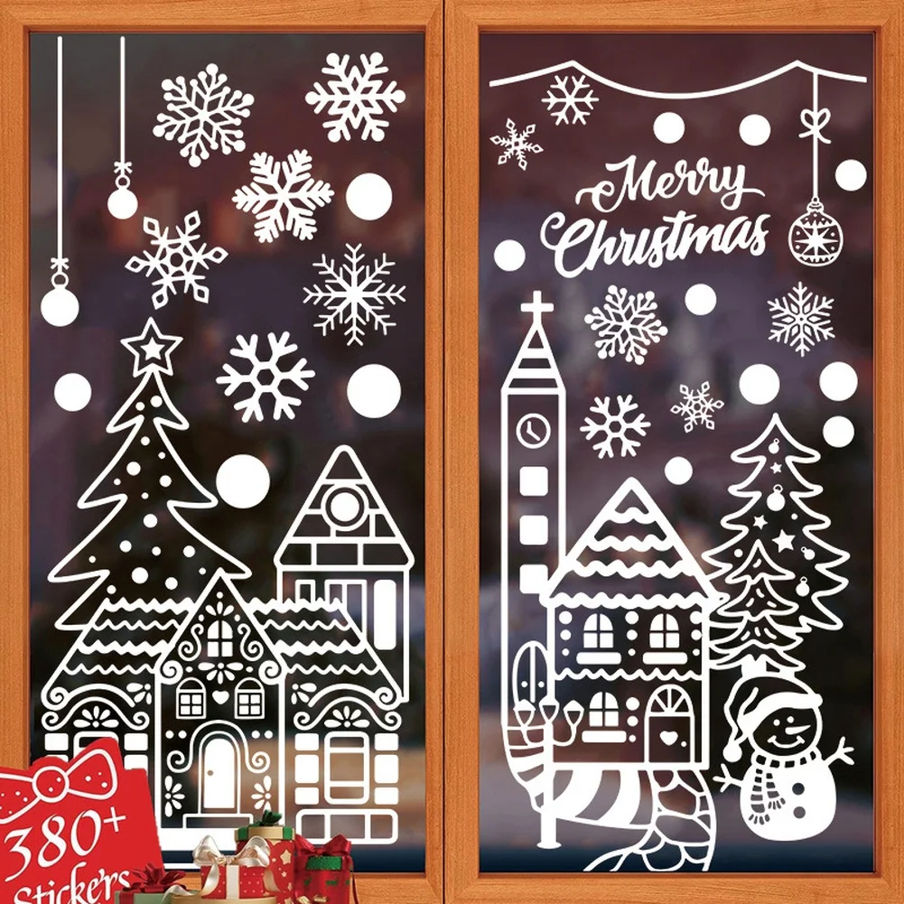 Christmas Window Stickers Winter Snowscape Village Decals for Glass Surfaces 70 40cm PVC 32pcs 4 Sheets Home Office Decoration