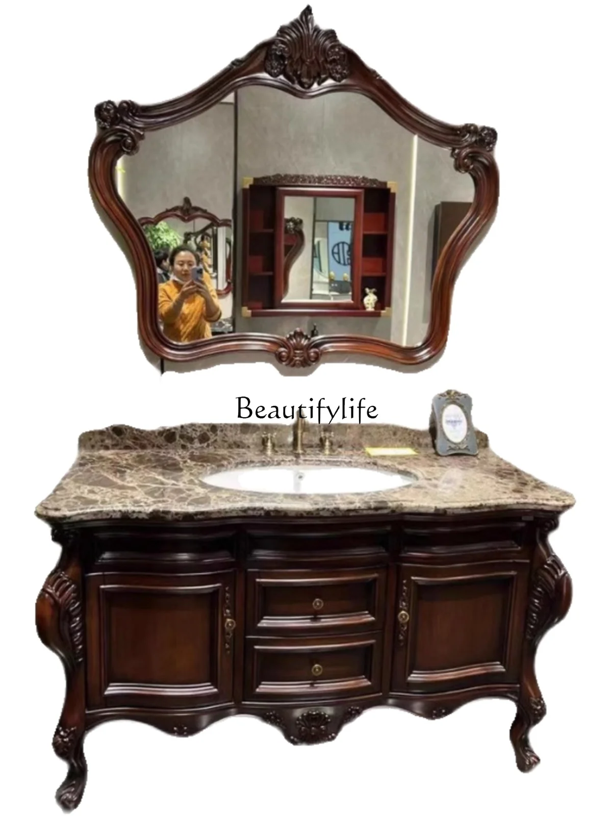 European Style Antique Oak Bathroom Cabinet Marble Countertop Wash Basin Chinese Style Bathroom Cabinet