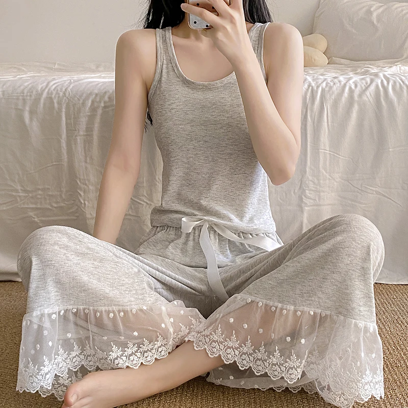 

Summer Lace Trim Ice Silk Svel Vest Pants Spwear Women's Sweet Color Home Clothes Youth Sle Knitted Cotton