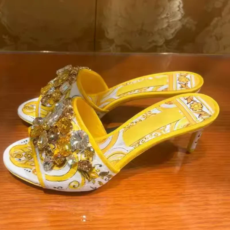 

Sexy Rhinestone Open Toe High Heel Mules Shoes Low Heels Yellow Blue Printed Leather Women Slippers High Quality Footwears