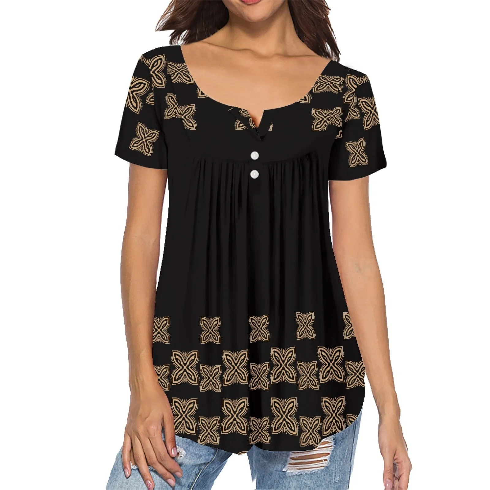 

Polynesian Tribal Design Women Black Strips V-neck Short Sleeve Top Upscale Cozy Female Pleated Buckle Shirt Casual Lady Tie