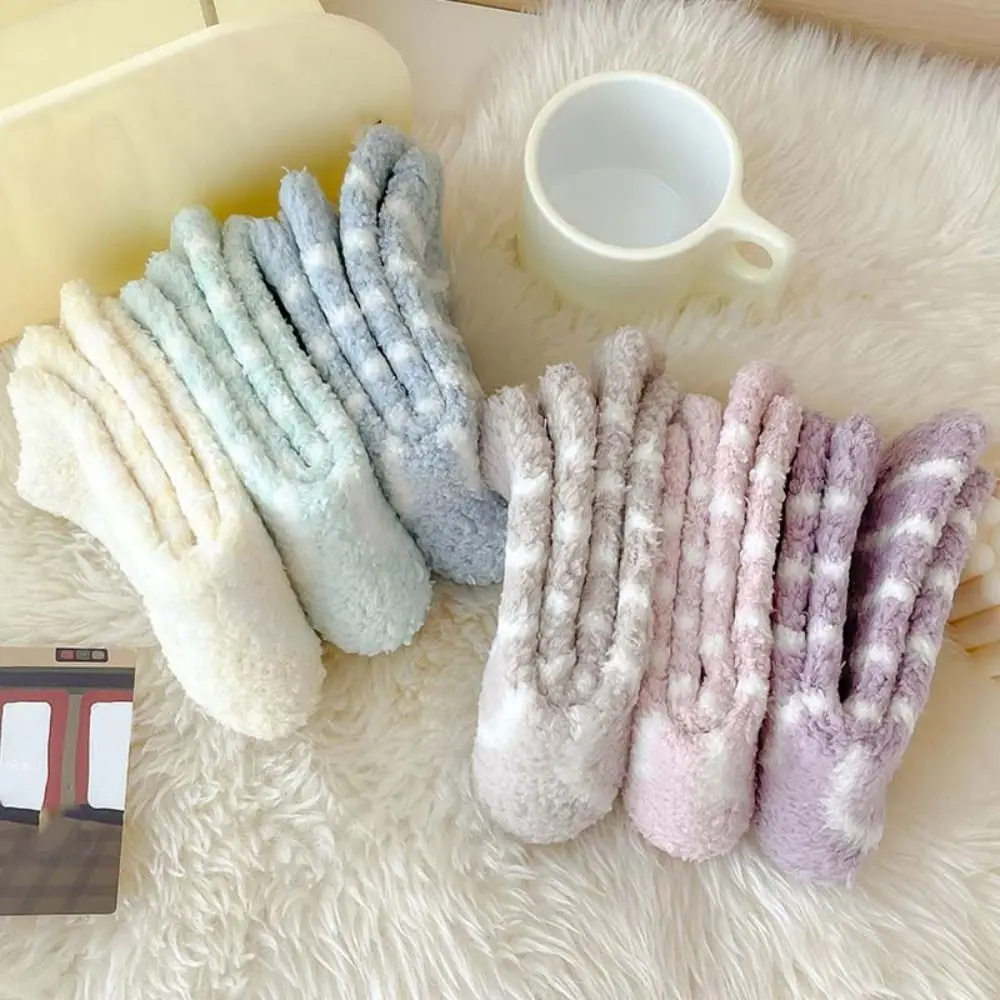 6Pairs Sweet Stripe Coral Fleece Socks Patchwork Plush Thicken Velvet Socks Warm Hosiery Sleeping Socks Fall/Winter
