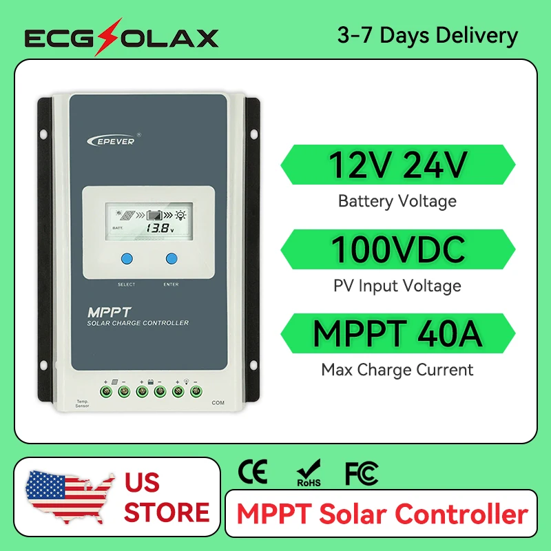 

ECGSOLAX 40A MPPT Solar Charge Controller 12V 24V Battery Voltage Max Solar Panel 100V EPEVER Regulator