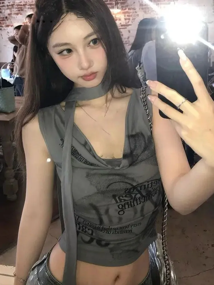 Sexy Halter Print Sleeveless Crop Top Women Summer Slim Waist Swing Collar Vest Streetwear Retro Y2k Spicy Girl Tanks