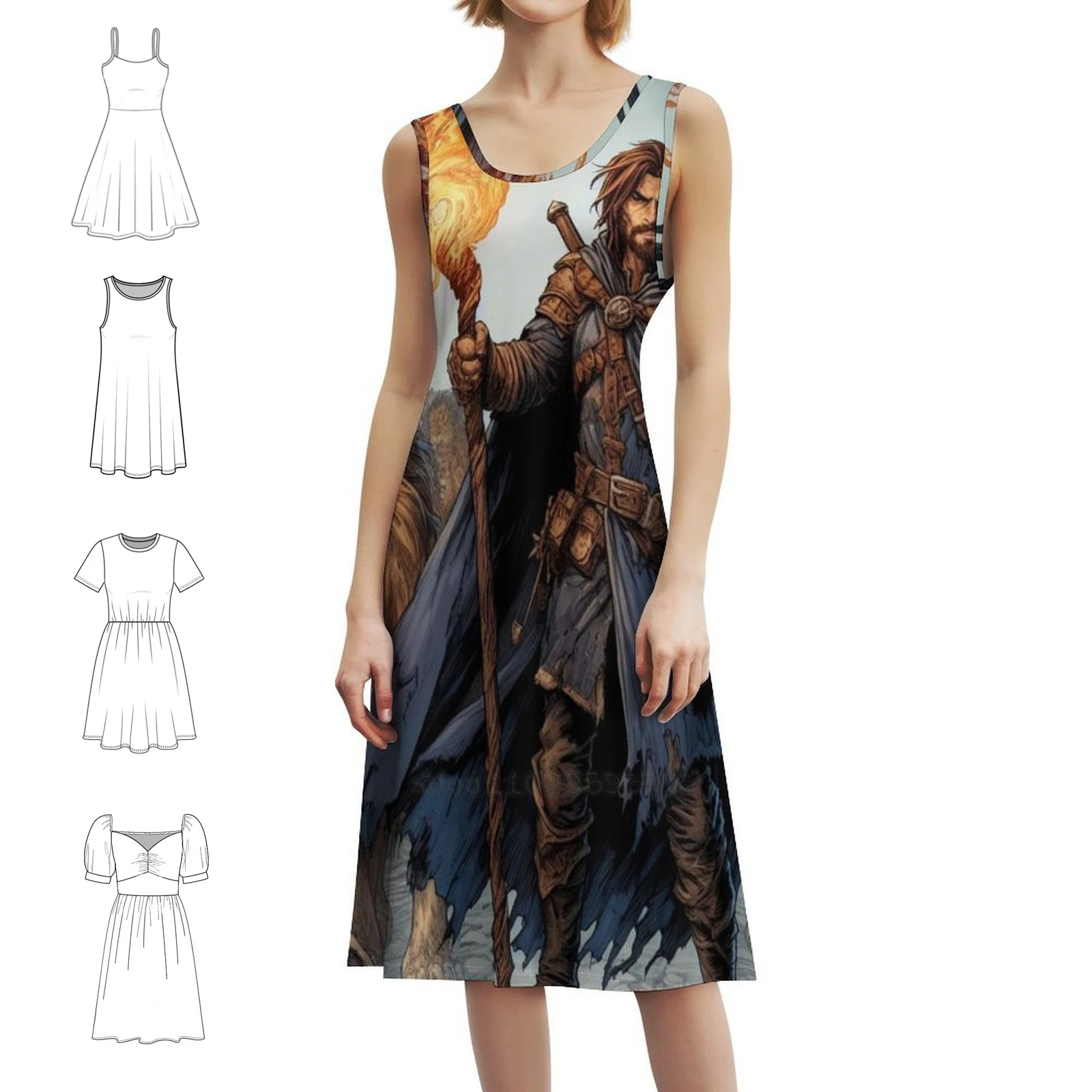 رجل الكهف الأزهار سموك فستان للنساء الربيع الصيف فستان كاجوال للحزب كهف الأسود النار معالج مساء فستان المرأة #1