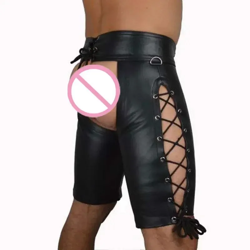 qq28LQMens مثير ضيق اللاتكس PVC عبودية القوطية الرجال الأسود بولي Leather السراويل الجلدية تيدي الوثن ازياء كلوبوير فاسق زي