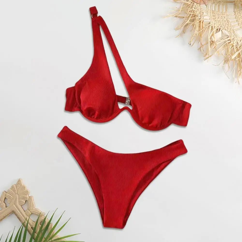 Conjunto de traje de baño de dos piezas para mujer, Bikini elegante de un hombro con cintura alta, ropa de baño de realce Con aros, Color sólido