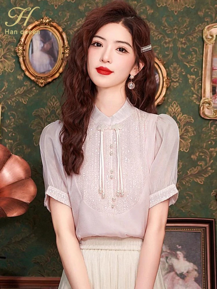 H Han Queen Summer Beaded Sequins Tops Simple Office Lady Chiffon Blouse Short Sleeve Shirt Casual Korean OL Loose Blouses Women