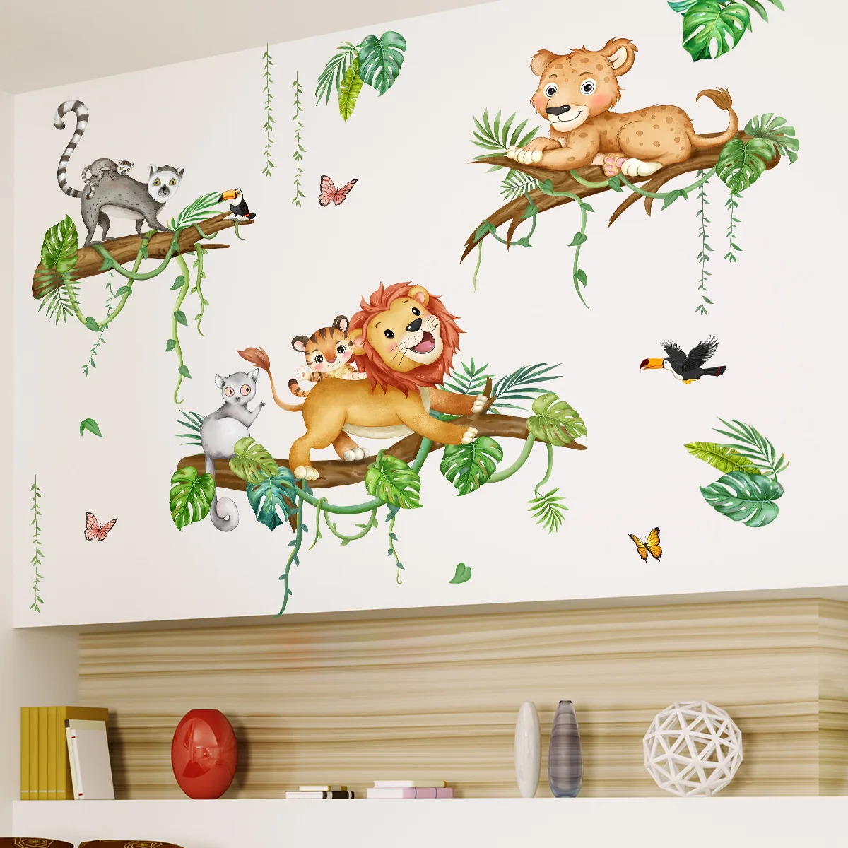 Cartoon forest animal Lion Monkey leopard wall stickers Children's room bedroom background decorative wall stickers