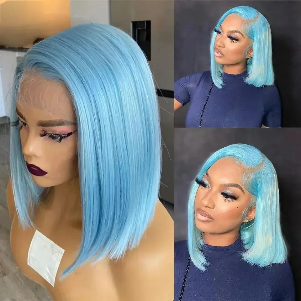 Light Blue Bob Wig Short Straight Lace Front Wig 13x4 HD Lace Wig 10Inch for Women Pre Plucked Synthetic And Blend Daily Cosplay