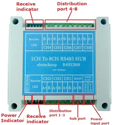 

DC 8-30V 8 Port RS485 Hub Industrial Grade 485 Bus Repeater Serial Port Signal Amplifier 100-1000Kbps NEW