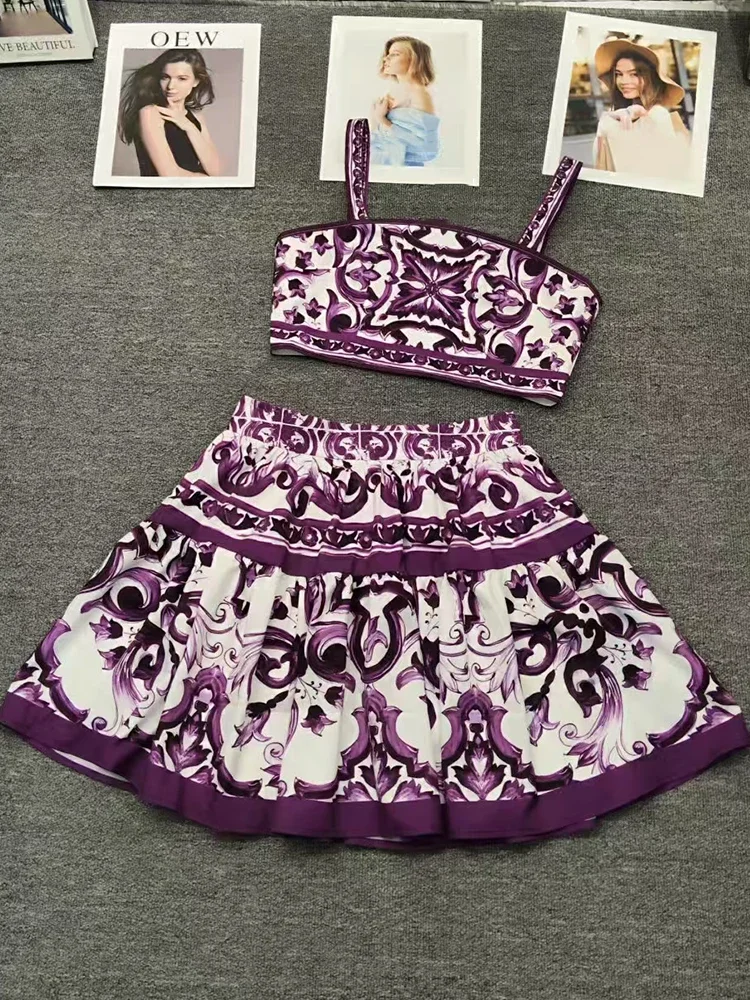 

Retro geometric positioning printed strapless halter top two-piece set 2025 Summer Women's Wear + A-line skirt Fashion set