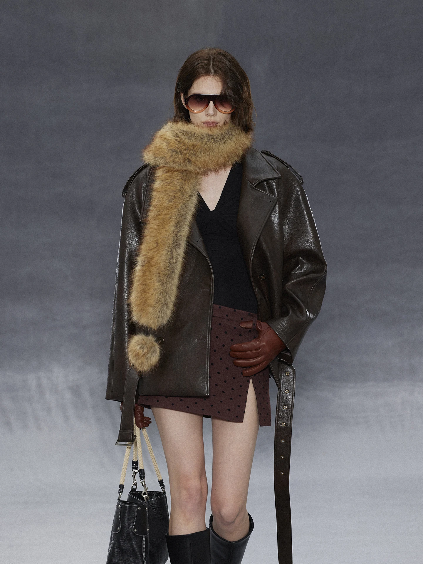 Cappotto da donna in pelle PU a collo alto con doppio bottone e spalle arrotondate, vestibilità ampia, serie retrò Randpiee