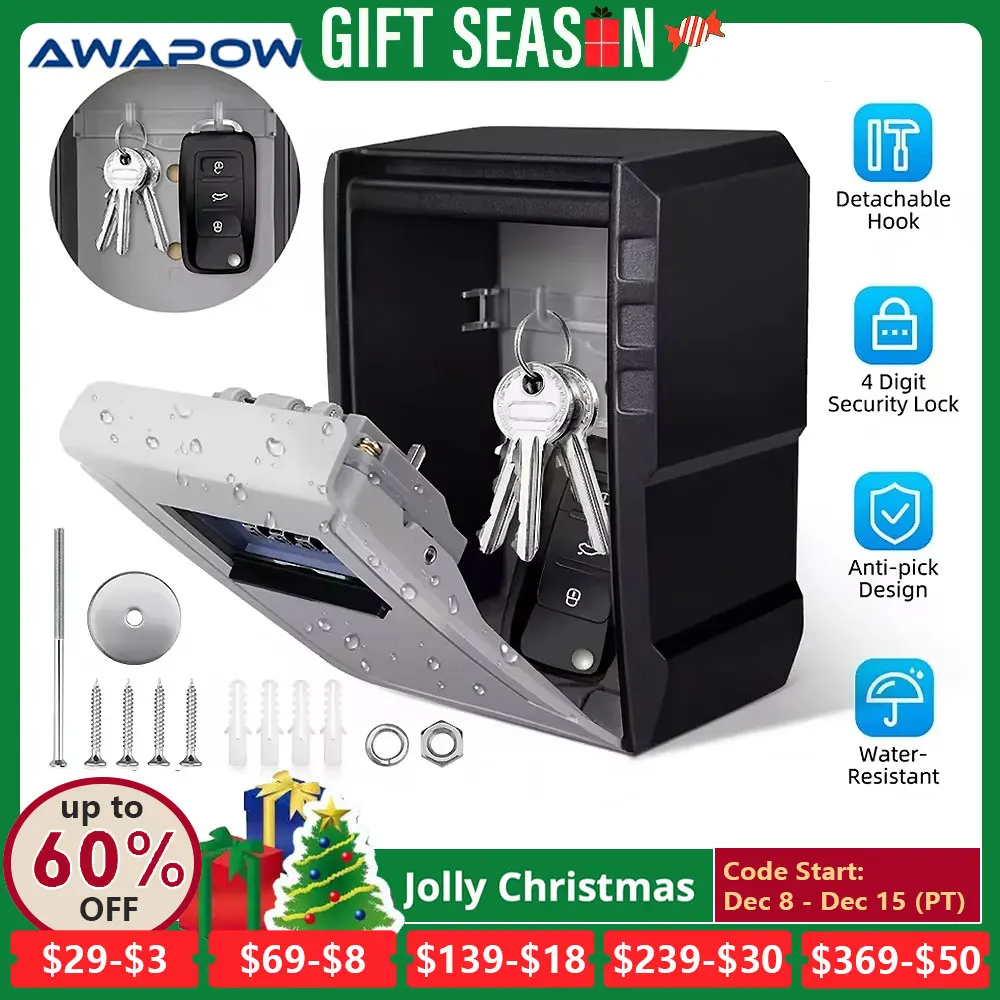 Awapow Metal Password Key Box Wall Mounted 4 Digits Password Lock Storage Box Waterproof Anti Theft Large Capacity Safe Keybox