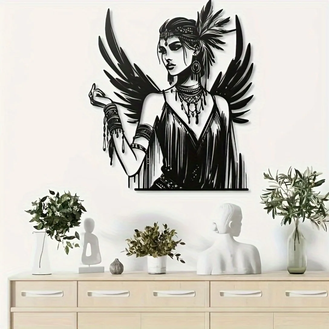 Elegant Gothic Woman With Feather Pattern Metal Wall Art 2D Flat Laser Cut Artistic Silhouette Iron Sculpture