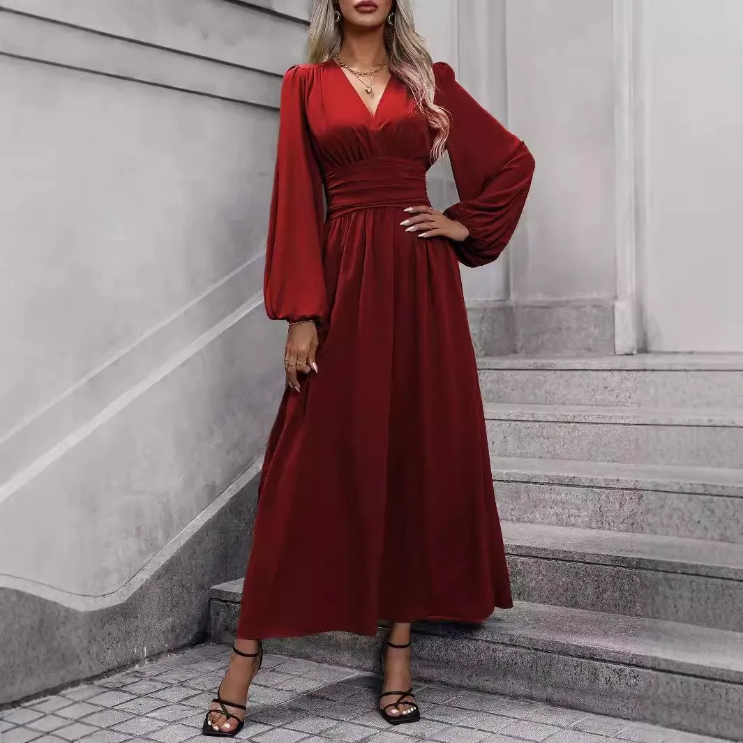 V Neck a Line Dress Elegant with Crinkled High Waist Pullover Refined Commuter Maxi Length Long Sleeve Autumn Dresses for Women