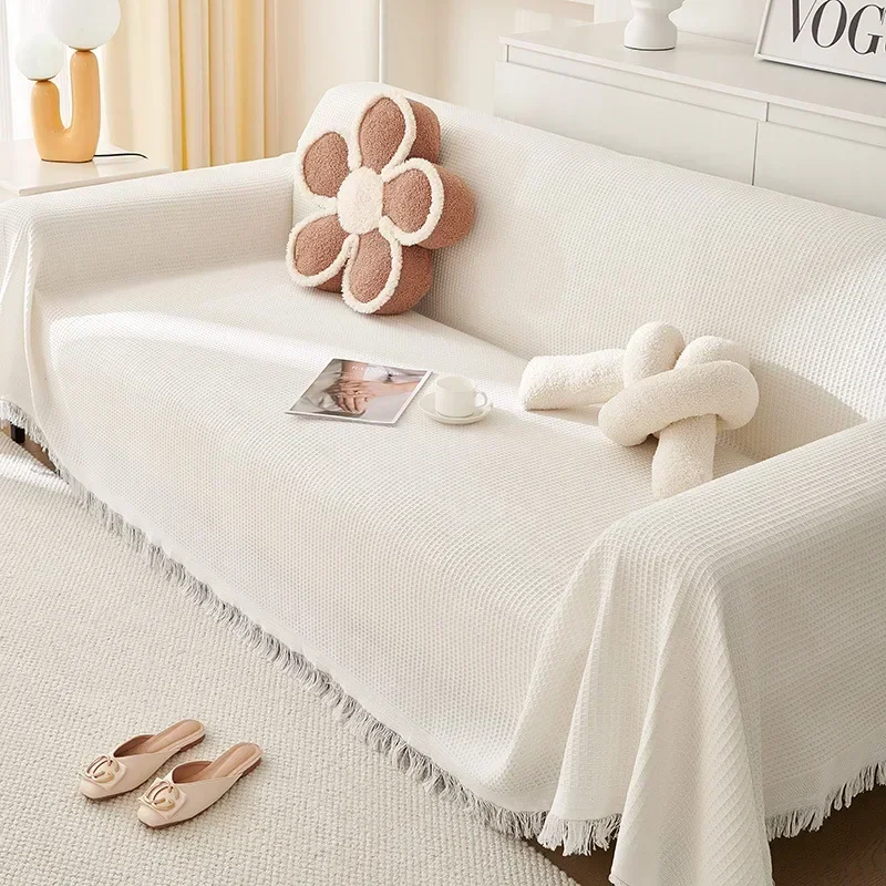 Woven Cotton Sofa Cover Blanket Solid Color Non-slip Sofa Towel for Living Room Furniture Decor Tapestry Couch Cover With Tassel