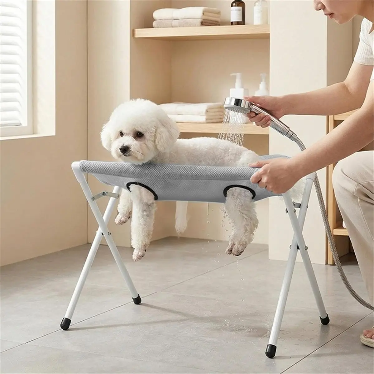 Pet Grooming Hammock Stand for Small Dogs & Cats, Anti-Scratch Anti-Bite Bathing Support, Portable Home Grooming Aid