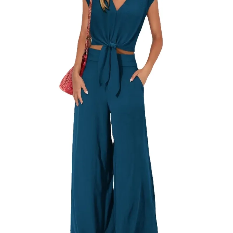 

2024 Fashion Women's Summer 2-piece V-neck Belted Short Top Wide-leg Pant Set