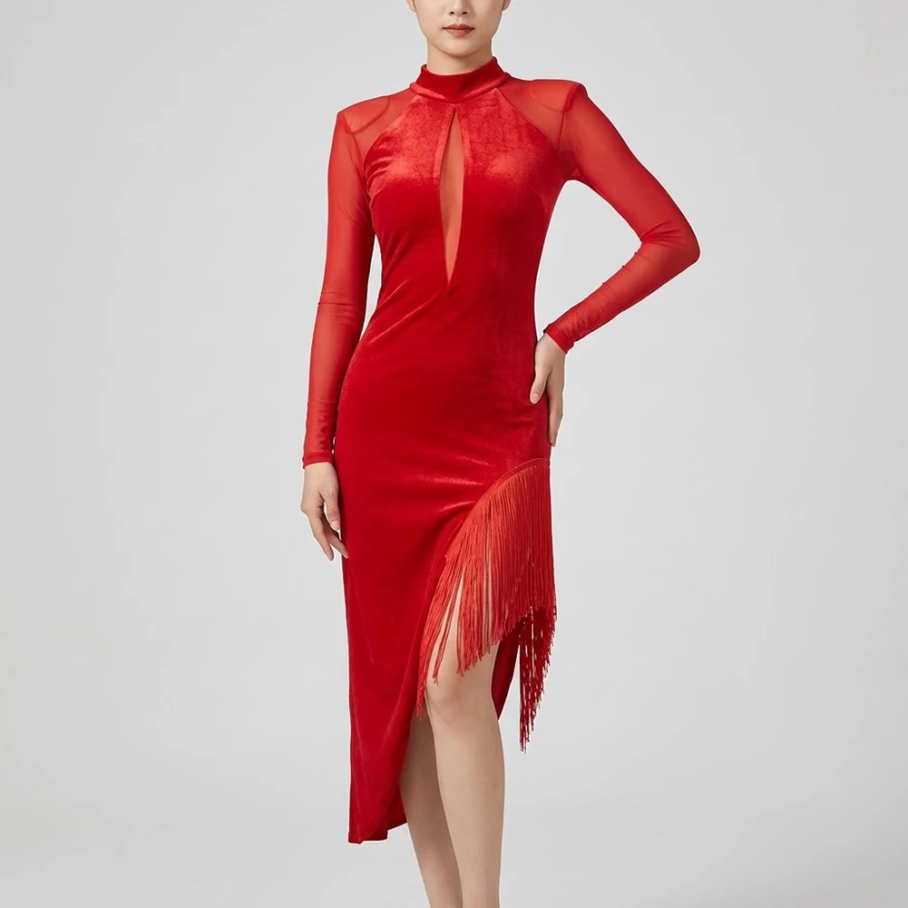 Velvet Mesh Long Sleeve Latin Dance Dress Women Fringe High Split Keyhole Backless Rumba Samba Performance Practice Black Red