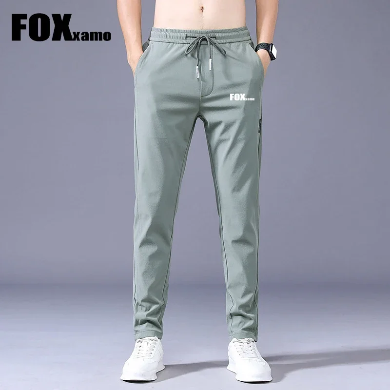 Foxxamo Men Cycling Casual Pants Soft Elasticity Lace-up Outdoor Sport Waist Solid Color Pocket Applique Work Trousers Male