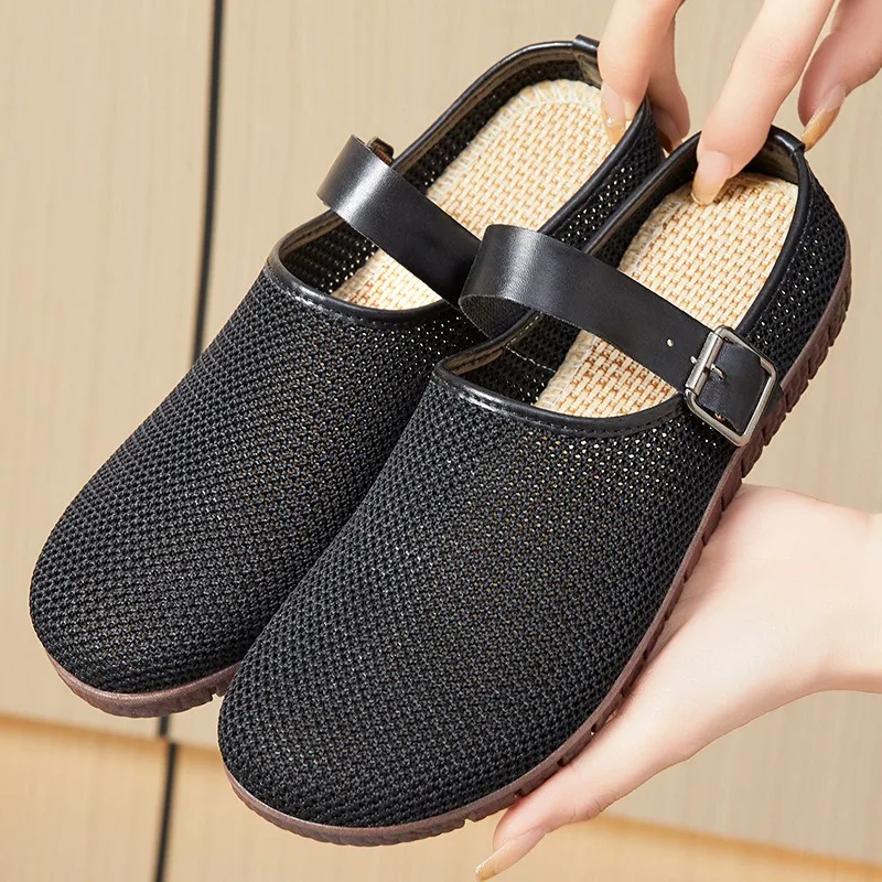 Shallow Mouth Bag Head Slippers Summer Fly-woven Fabric Breathable Flat-bottomed Casual Shoes Travel Portable