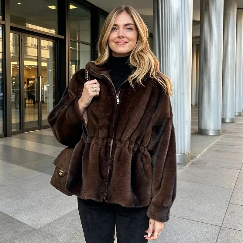 Woman Luxurious Fur Coat Elegant Fitted Faux Fur Collar Coat Waist Length Open Front Cold Weather Plush Warm Luxury Fashion