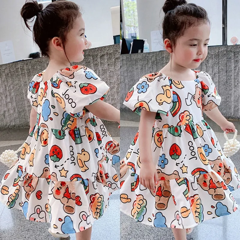 

Summer girl clthes dress cartoon doll rainbow puff sleeve dress princess dresses Kids clthing