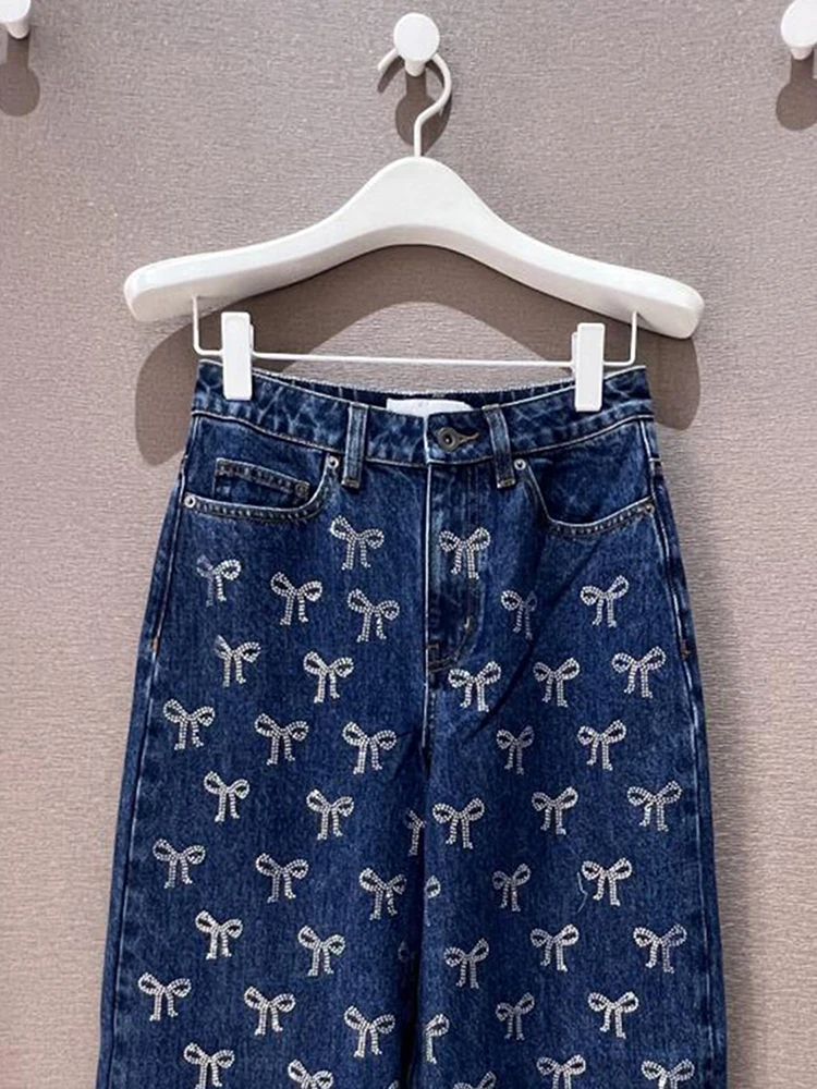 

High Waist Wide Leg Denim Jeans Women's Summer Faion Knot Rhinestone SP Home South Oil High End Women's Clothing