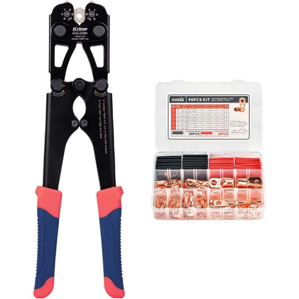 

Battery Cable Lug Crimping Tool Kit with Copper Lugs and Heat Shrink Tubes for AWG 8-1/0